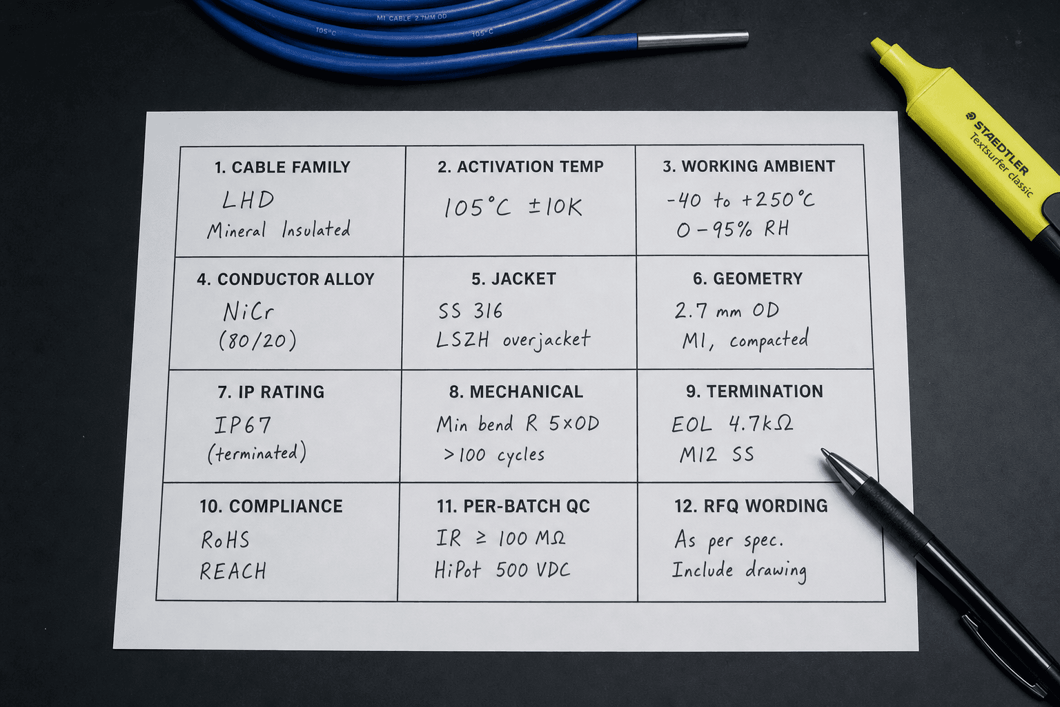 Printed twelve-field thermal sensor cable specification grid on a bench, a 4-by-3 matrix covering cable family, activation temperature, conductor, jacket, geometry, IP rating, termination, compliance, QC and RFQ wording with handwritten entries, a coiled blue cable and pen alongside