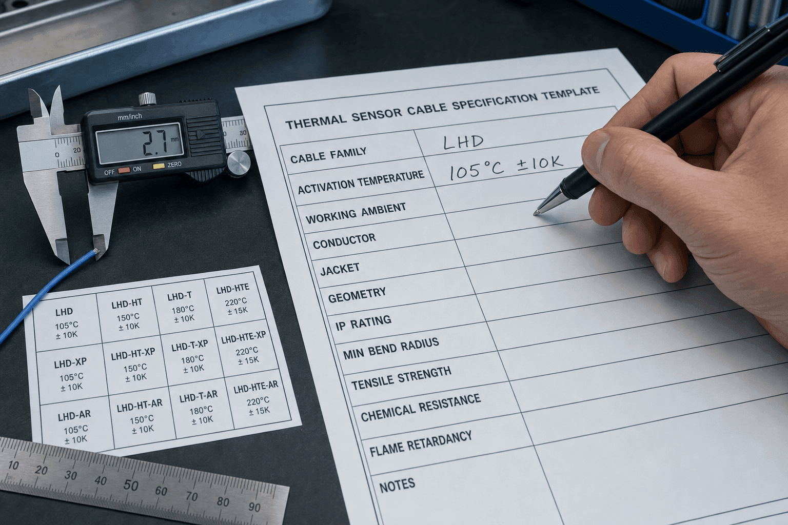 Hand writing '105 °C ±10 K' into the Activation Temperature row of a printed thermal sensor cable specification template, Cable Family row already filled 'LHD', stainless calipers gripping a bare cable end beside an LHD activation-class reference matrix