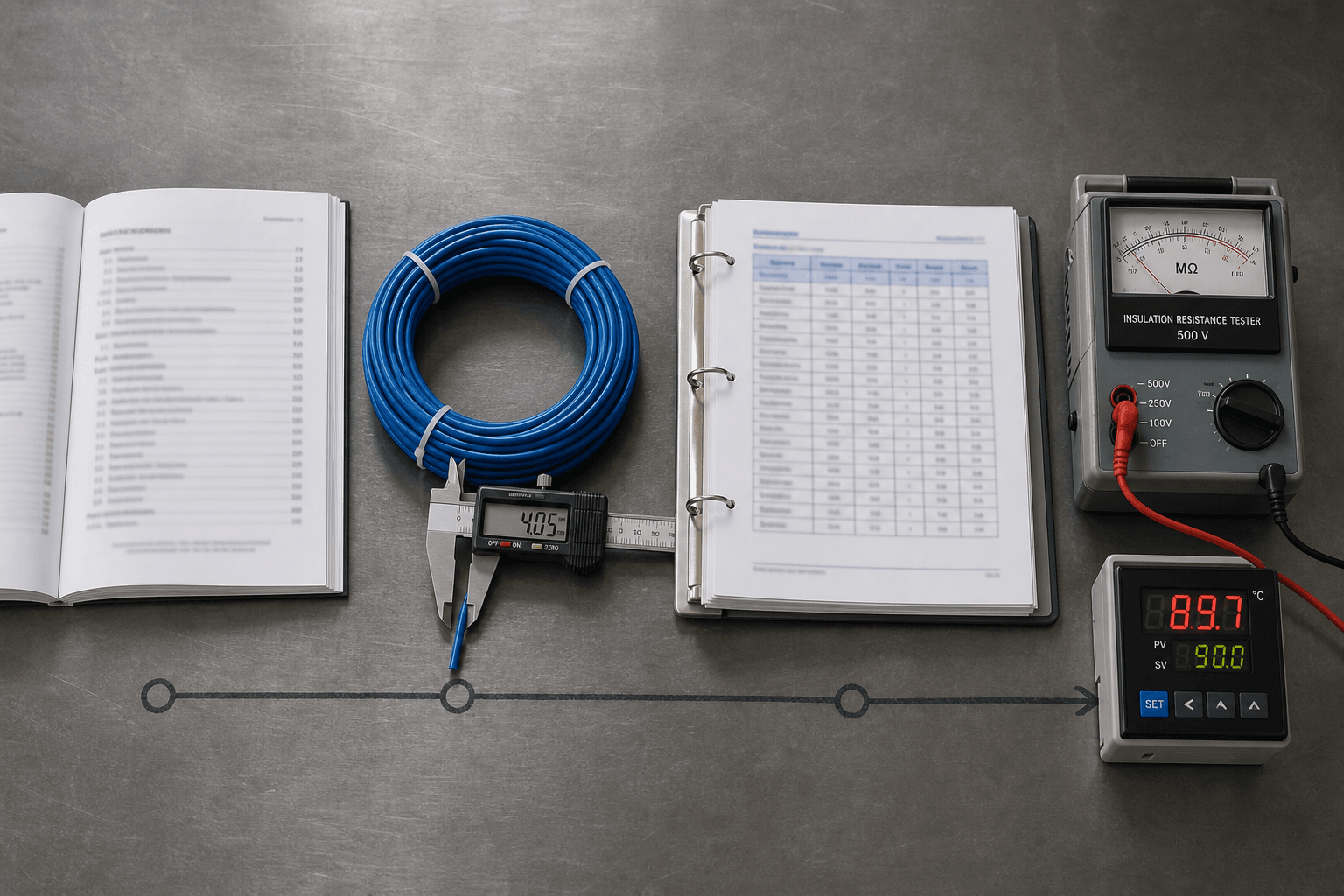 Overhead flat-lay of a thermal sensor cable evaluation desk on a brushed-steel surface, with four object groups arranged left to right and joined by a faint hand-drawn workflow line on the desk: a thick open reference manual showing a contents page on the far left, a coiled blue thermosensitive cable spool with a digital caliper reading 4.05 mm next to it, a ring-bound inspection report opened to a tabular parameter sheet in the centre-right, and a 500 V analog insulation resistance tester paired with a benchtop temperature controller displaying 89.7 °C on the right