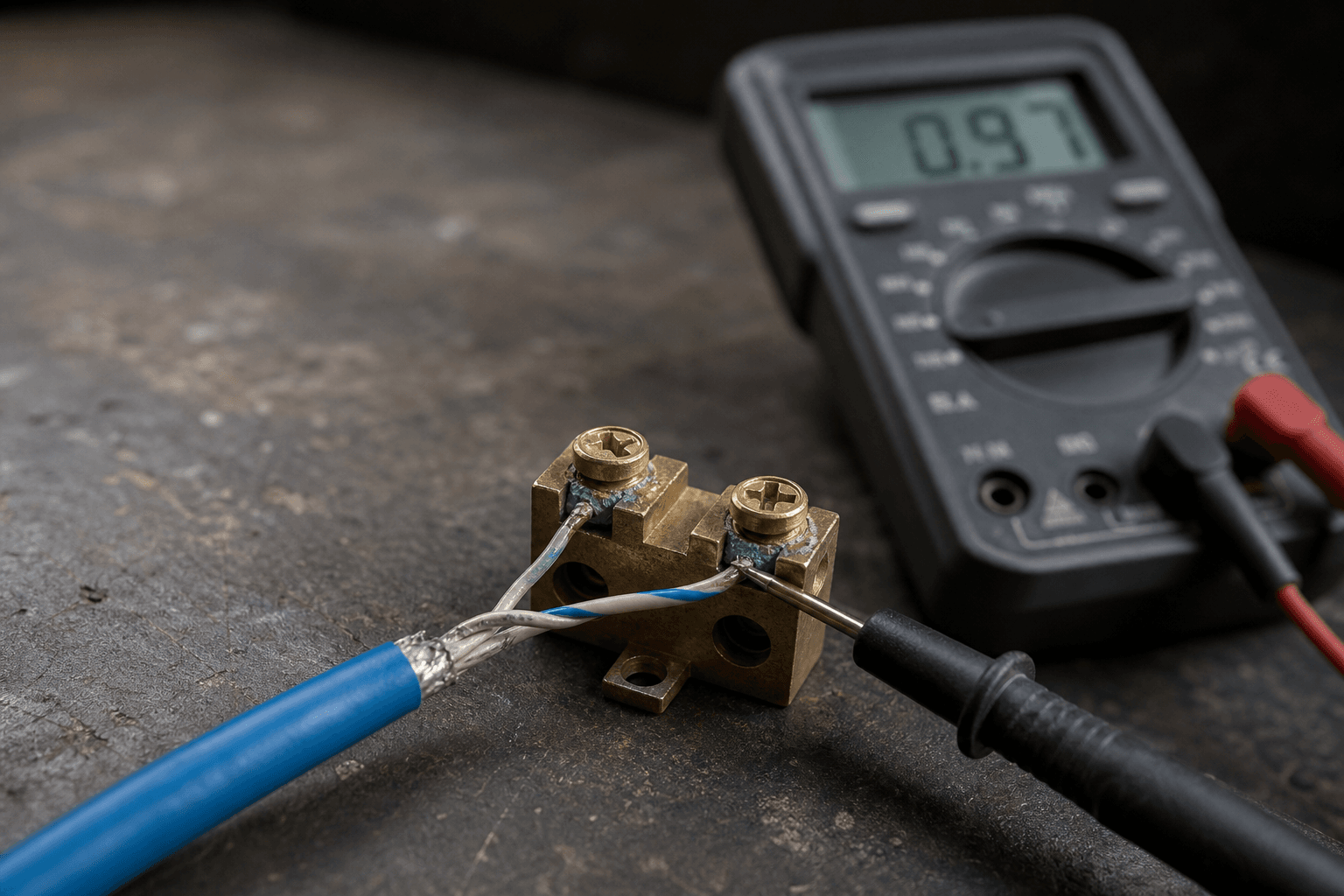 A macro photo on a worn dark metal workbench of a blue-jacketed thermal sensor cable stripped at the end to expose a twinned tinned conductor pair, clamped into the two screw terminals of a small brass terminal block that shows distinct green-blue corrosion around both screws, with a black and a red multimeter probe touching the block and a handheld digital multimeter reading about 0.97 sitting out of focus behind it in soft side light