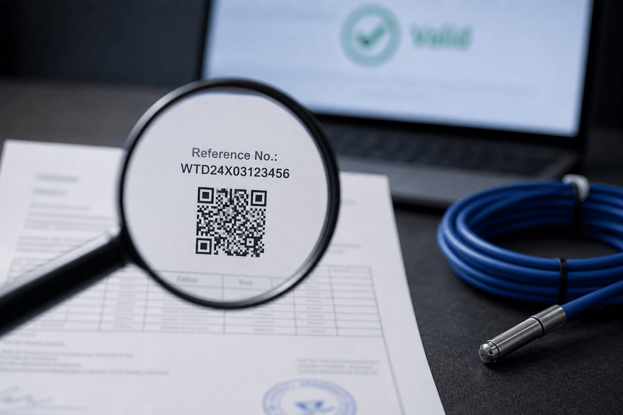 A round glass magnifying lens enlarging the printed reference number and a QR code on a lab test certificate, the rest of the certificate page soft and out of focus, a laptop in the blurred background showing a green check mark and a valid status, and a coiled blue thermal sensor cable with a stainless probe end resting on a dark grey desk to the right