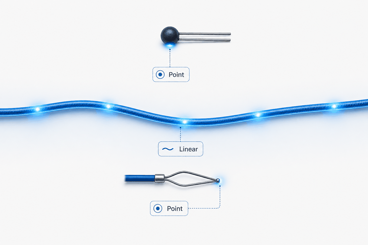 Conceptual engineering illustration on an off-white background — one continuous bright blue thermal sensor cable runs horizontally across the full width in a gentle wave, glowing at several points along its length to show it senses anywhere on the line, tagged Linear; above and below it two isolated point sensors float alone — a small dark NTC thermistor bead with two leads and a fine thermocouple junction probe — each tagged Point, contrasting linear cable coverage against single-point measurement sensors.