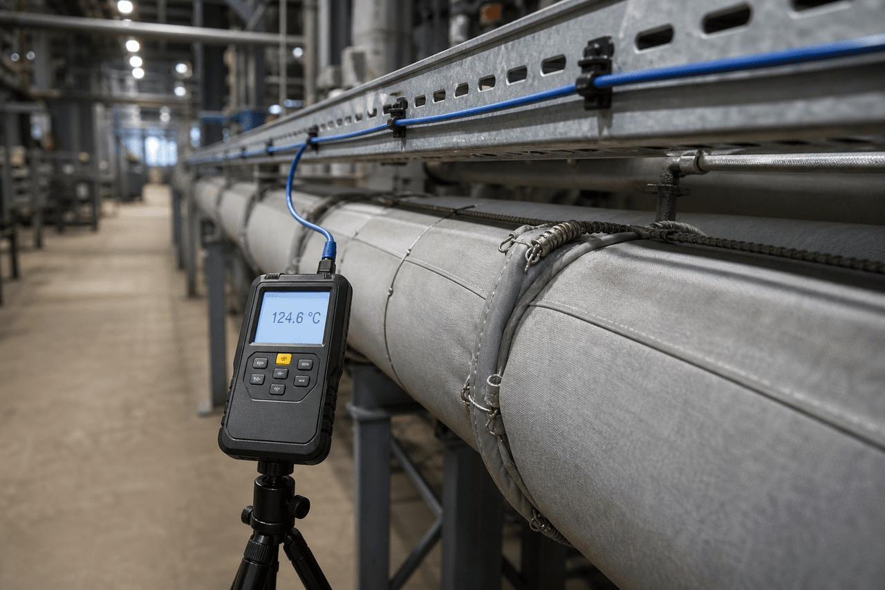 A handheld digital thermal data logger on a small tripod displays 124.6 °C in the foreground, set beside large grey fabric-lagged process pipes with strapping, while a blue thermal sensor cable clipped along a galvanized overhead cable tray runs into a soft-blurred industrial plant interior under cool overhead lighting